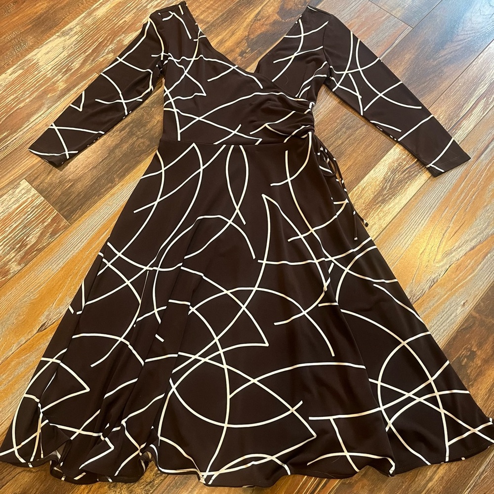 London Times Faux Wrap Dress in Brown and White